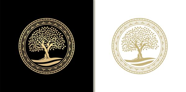 تمبر درخت بلوط لوکس نشان یا آرم قاب دایره ای با رودخانه دریاچه یا آب رنگ گرادیان طلایی