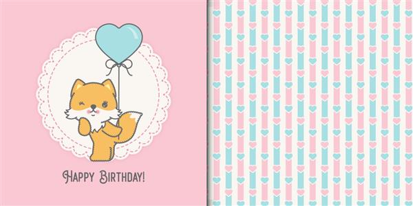کارت تولد بچه روباه ناز کاوائی و الگوی بدون درز