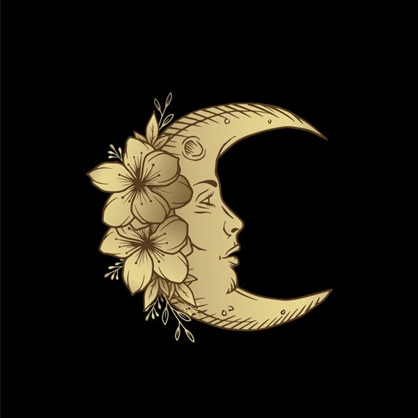 هلال ماه با زیور گل به سبک حکاکی آنتیک بوهو خالکوبی کارت های تاروت