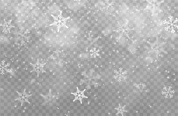 پس زمینه شفاف برفی طرح کریسمس دانه های برف سفید کریسمس و تعطیلات زمستانی سال نو اثر بارش برف از دانه های برف در حال سقوط با بافت یخ و یخ هوای سرد برفی
