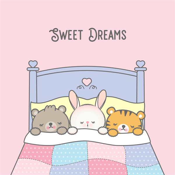 سه حیوان کاوائی بامزه که روی تخت خوابیده اند