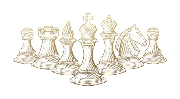 طرح هنر خطی از همه مهره‌های شطرنج هم‌تراز شده