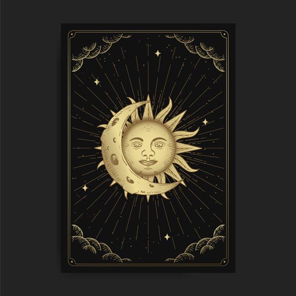 ماه و خورشید کارت‌های تاروت مخفی جادویی خواننده تاروت معنوی boho باطنی طالع بینی کارت جادویی نقاشی معنوی