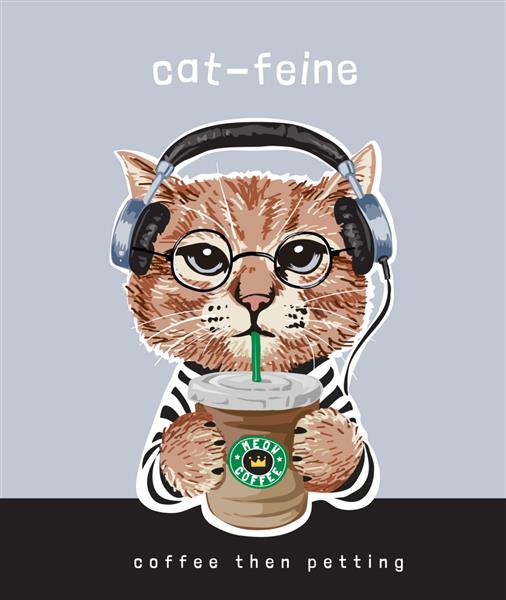 شعار تایپوگرافی با تصویر گربه کارتونی در هدفون در دست تصویر فنجان قهوه