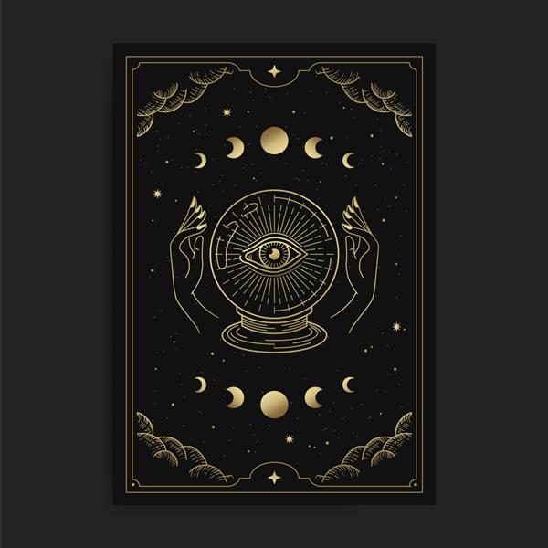 توپ کریستالی با یک چشم درخشان با دو دست در کارت تاروت تزئین شده با ابرهای طلایی گردش ماه فضای بیرونی و بسیاری از ستاره ها