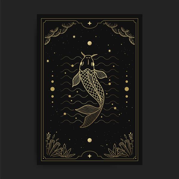 ماهی در کارت های تاروت تزئین شده با ابرهای طلایی ماه فضای بیرونی و بسیاری از ستاره ها