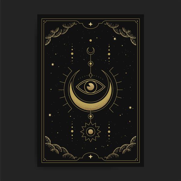 هلال ماه با چشم داخلی یا یک چشم تصویر کارت با تم های باطنی بوهو معنوی هندسی طالع بینی جادویی برای کارت خواننده تاروت