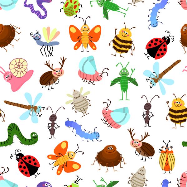 الگوی حشرات کارتونی بامزه پرواز و خزنده برای بچه های شاد پس زمینه با شخصیت حشرات تصویر حشرات بالدار