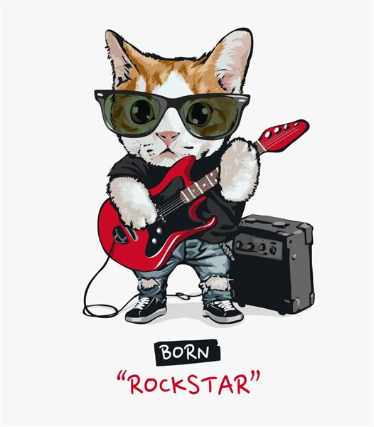 تصویر گربه ناز ستاره راک در حال نواختن گیتار