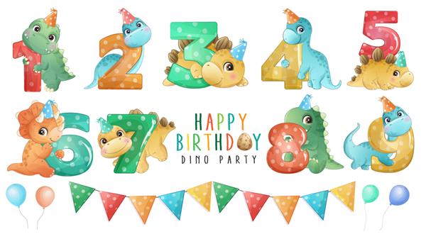 دایناسور کوچک ناز با شماره گذاری برای مجموعه جشن تولد
