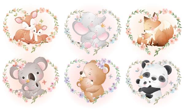 مجموعه حیوانات کوچک ناز با تاج گل برای روز مادر