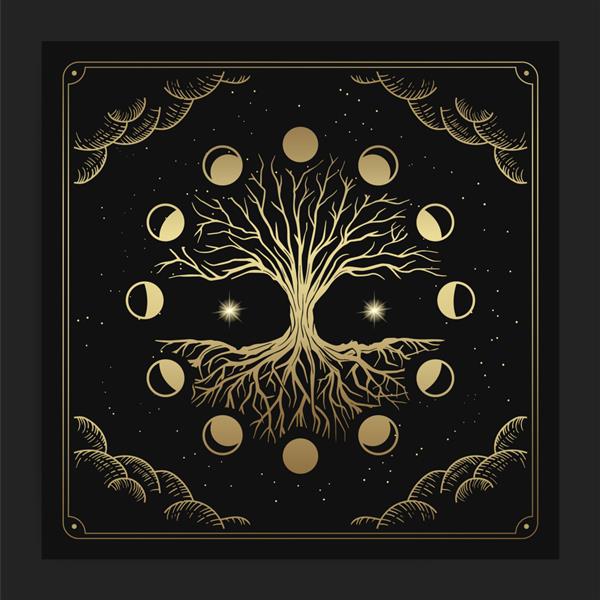 درخت مقدس زندگی جادویی با تزئین فاز ماه به سبک طراحی دستی مجلل