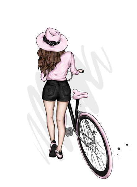 دختر زیبا با لباس های شیک و دوچرخه