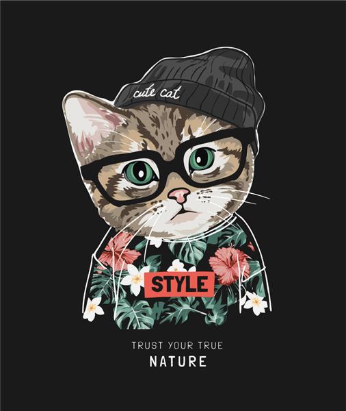 شعار طبیعت واقعی با گربه ناز در پیراهن هاوایی و کلاه بافتنی روی مشکی