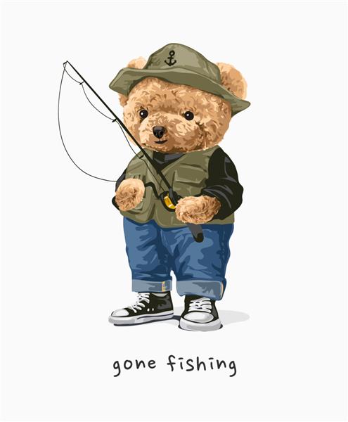 عروسک خرس ماهیگیری رفته با چوب ماهیگیری