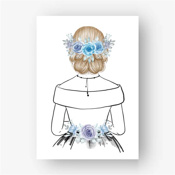 عروس نقاشی شده با دست با مدل موی زیبا تصویر آبرنگ گل عروس دستی با دسته گل گل آبی تصویر آبرنگ