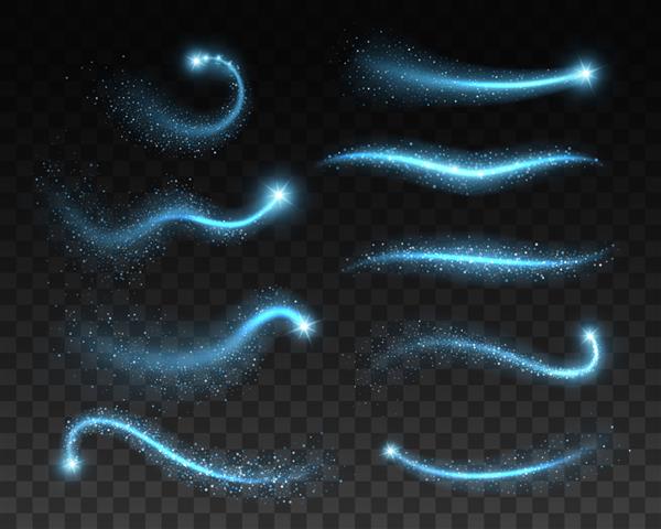 جرقه های آبی جادویی زرق و برق و جلوه نور غبار ستاره فضایی و بافت درخشان در پس زمینه شفاف وکتور دنباله‌های ستاره و دنباله‌دار موجی از عصای جادویی با درخشان