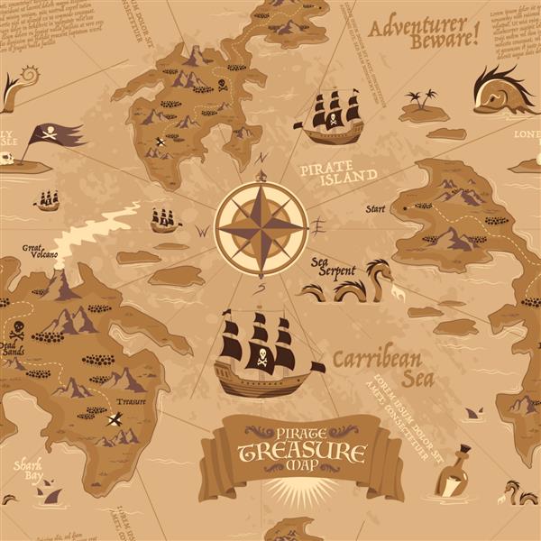 الگوی بدون درز قدیمی که نقشه جستجوی گنج را با قایق‌های بادبانی دزدان دریایی و جزایر نشان می‌دهد
