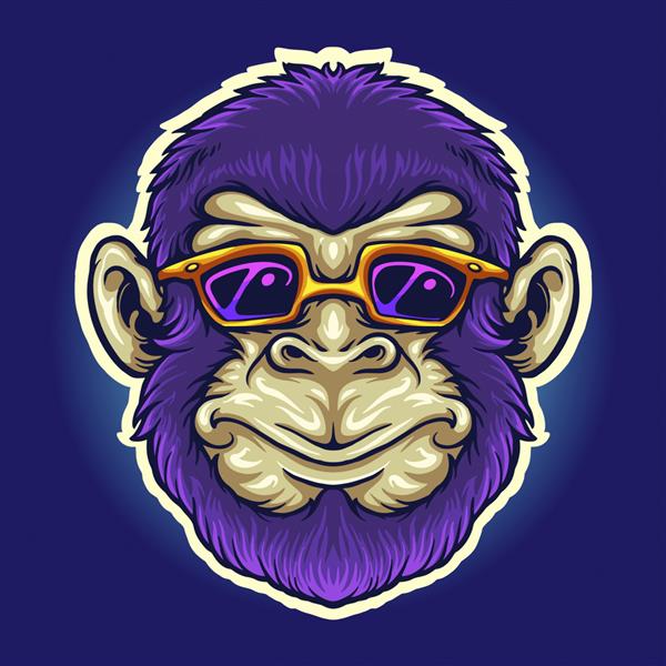 تصاویر وکتور عینک آفتابی سر میمون جالب برای لوگوی کار شما تی شرت کالای طلسم طرح‌های برچسب و برچسب پوستر کارت تبریک تبلیغاتی شرکت تجاری یا مارک‌ها