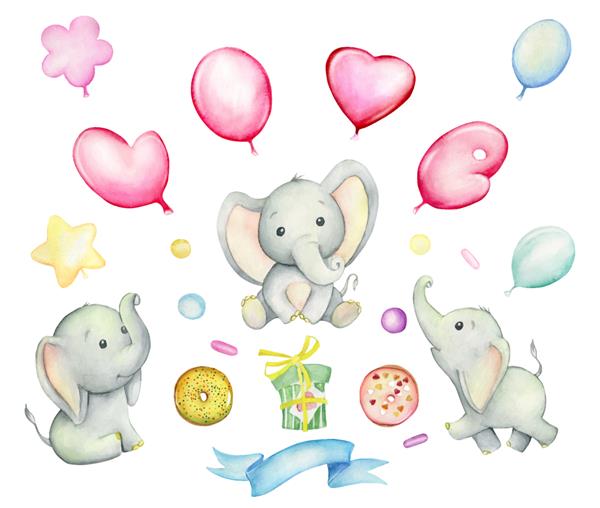 فیل های زیبا بادکنک دونات هدیه روبان مجموعه آبرنگ روی پس‌زمینه مجزا