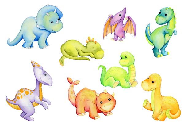 دایناسورها رنگ های مختلف پس زمینه ایزوله سبک کارتونی مجموعه آبرنگ حیوانات ماقبل تاریخ