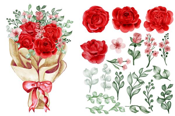 یک دسته گل در بسته بندی کاغذی با کلیپ آرت ایزوله آزادی رز قرمز و برگ