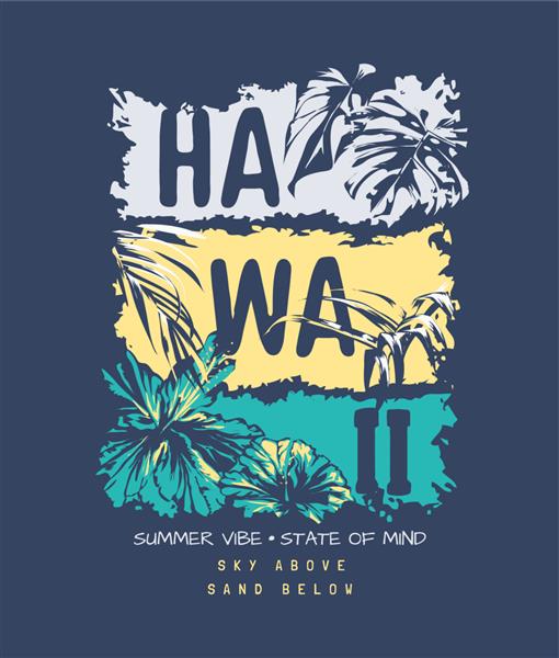 شعار هاوایی روی نوار رنگی و تصویر برگ ها و گل های عجیب و غریب