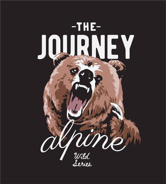 شعار سفر با خرس قهوه ای عصبانی در پس زمینه مشکی