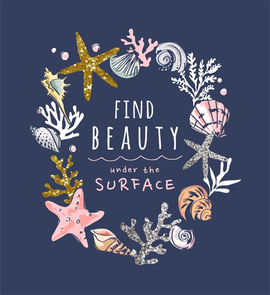 شعار زیبایی با صدف های دریایی کشیده شده با دست و تصویر پر زرق و برق