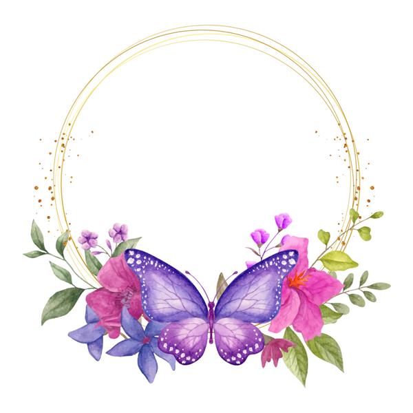 قاب گل بهاری آبرنگ با پروانه های دوست داشتنی