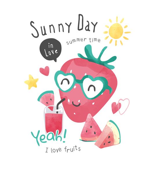 شعار روز آفتابی با تصویر کارتونی زیبای توت فرنگی و هندوانه