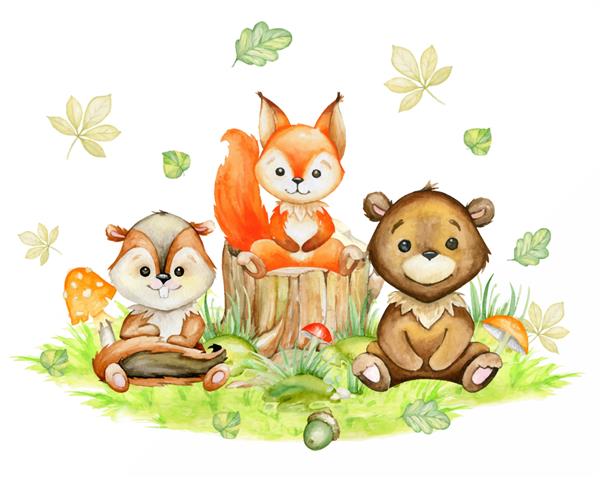 سنجاب سنجاب خرس برگ های پاییزی قارچ بلوط یک مفهوم آبرنگ در پس زمینه ای جدا شده به سبک کارتونی