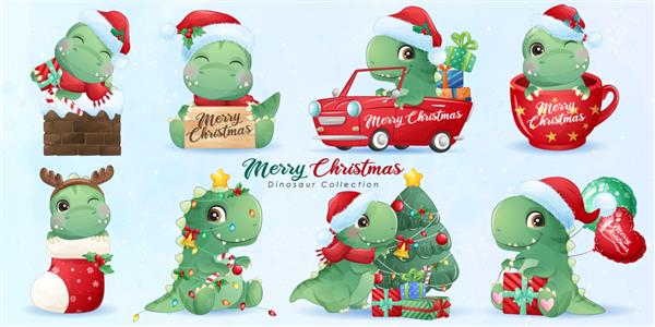 دایناسور ناز برای کریسمس مبارک با مجموعه تصویرسازی آبرنگ