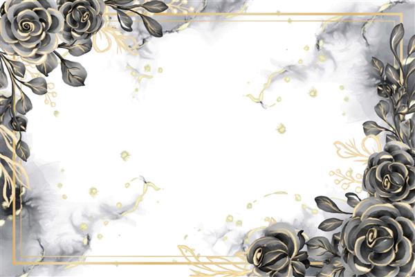 قاب گلدار پس زمینه آبرنگ رز مشکی و طلایی با فضای سفید
