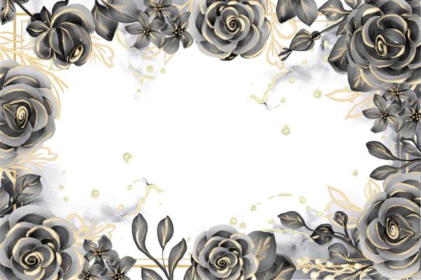 قاب گلدار پس زمینه آبرنگ رز مشکی و طلایی با فضای سفید