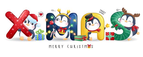 مجموعه تصویرسازی ابله پنگوئن ناز برای کریسمس مبارک
