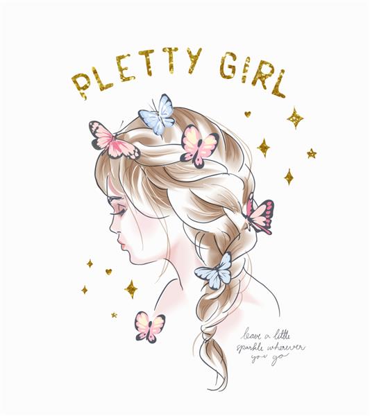 شعار دختر زیبا با دختر دم اسبی بامزه با پروانه های رنگارنگ و تصویر زرق و برق طلایی