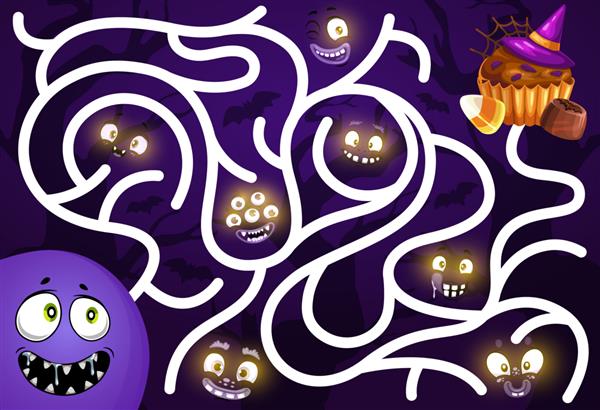 بچه ها بازی راه پیدا می کنند با هیولاهای هالووین که چهره ها و شیرینی های خندان دارند مسیر جستجوی کودکان فعالیت بازی هزارتوی با وکتور کارتونی درخشان در تاریکی چشمان موجود خزنده کلوچه و آب نبات