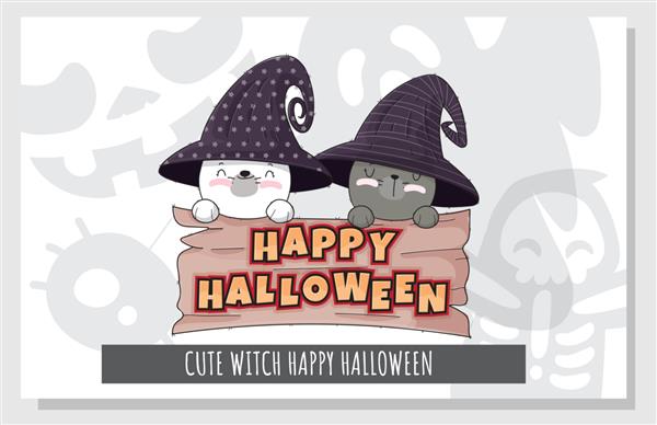 مجموعه زیبای تخت از شخصیت جادوگر بچه گربه تصویر شاد هالووین برای بچه ها