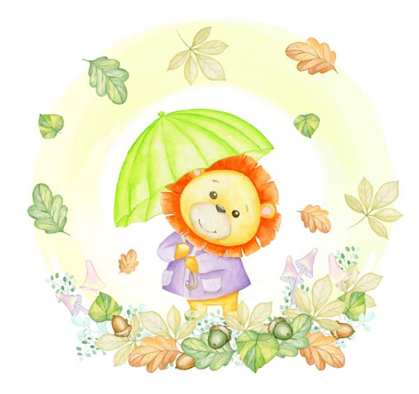 یک شیر کوچک با یک چتر سبز روی پس‌زمینه‌ای از برگ‌های پاییزی قارچ‌ها و گیاهان یک مفهوم آبرنگ
