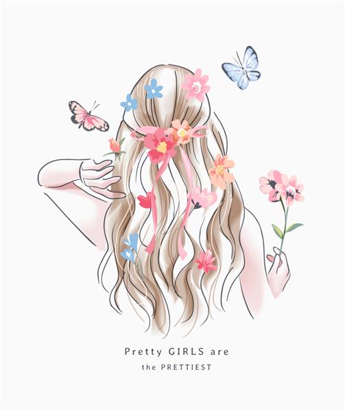 شعار دختر شاد با موهای بلوند دختر با تصویر گل رنگارنگ