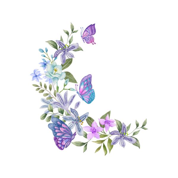 تزیین دسته گل دوست داشتنی با آبرنگ با دست طراحی شده با پروانه