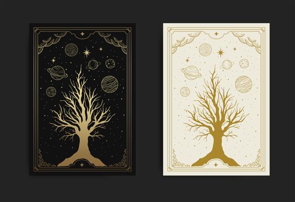 درخت مقدس جادویی و عرفانی با آسمان شب تزئین شده با ستاره ها و سیارات