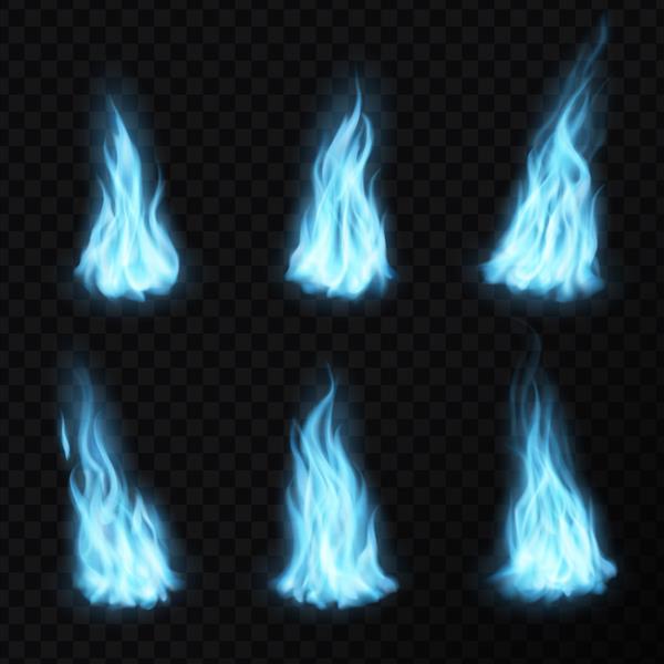 گاز و شعله های آتش آبی واقعی نمادهای وکتور شعله انرژی نور شعله های گاز آبی یا آتش با جلوه درخشش دود انفجار و شعله های آتش سوزی یا گلوله های آتش آبی در شفاف پس زمینه