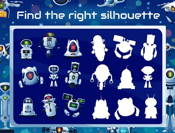 بازی کودکان با شبح های ربات پازل تطبیق سایه معمای حافظه یا تست توجه قالب وکتور مسابقه آموزش با ربات های کارتونی ربات های مدرن سفید و Ai droid هواپیماهای بدون سرنشین و اندروید