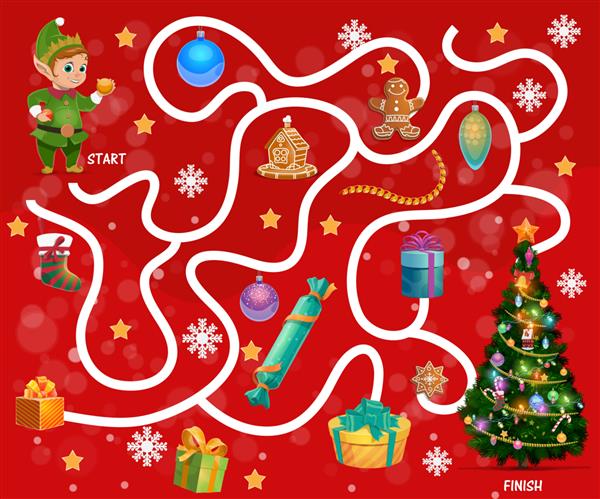 کودک با هدایای کریسمس و شیرینی راه پیچ و خم را پیدا می کند بازی هزارتوی کودکان فعالیت مسیر جستجوی کودکان وکتور کارتونی جن شیرینی زنجبیلی و تزئینات درخت کریسمس جوراب ساق بلند دانه های برف
