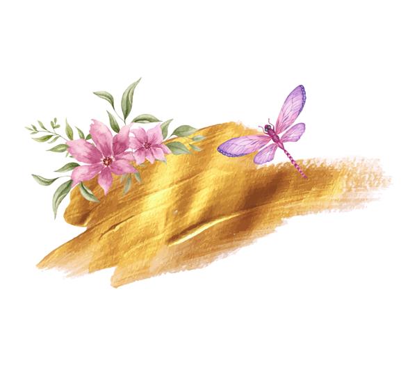 تزیین زیبای قلم مو طلایی با عناصر گلدار و سنجاقک