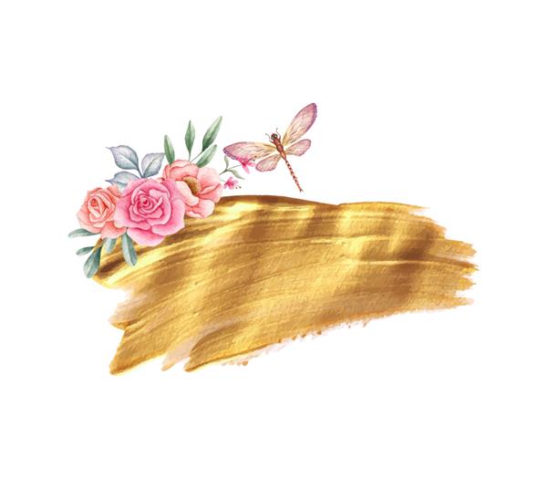 تزیین زیبای قلم مو طلایی با عناصر گلدار و سنجاقک
