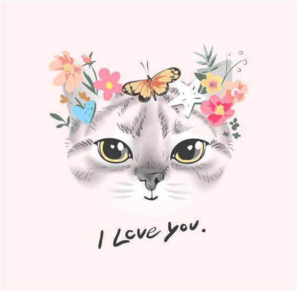 شعار دوستت دارم با صورت گربه ای ناز با تصویر گل های رنگارنگ