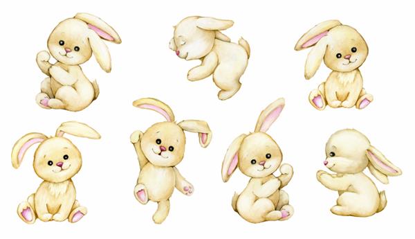 خرگوش حیوانات آبرنگ به سبک کارتونی مجموعه ای از خرگوش ها